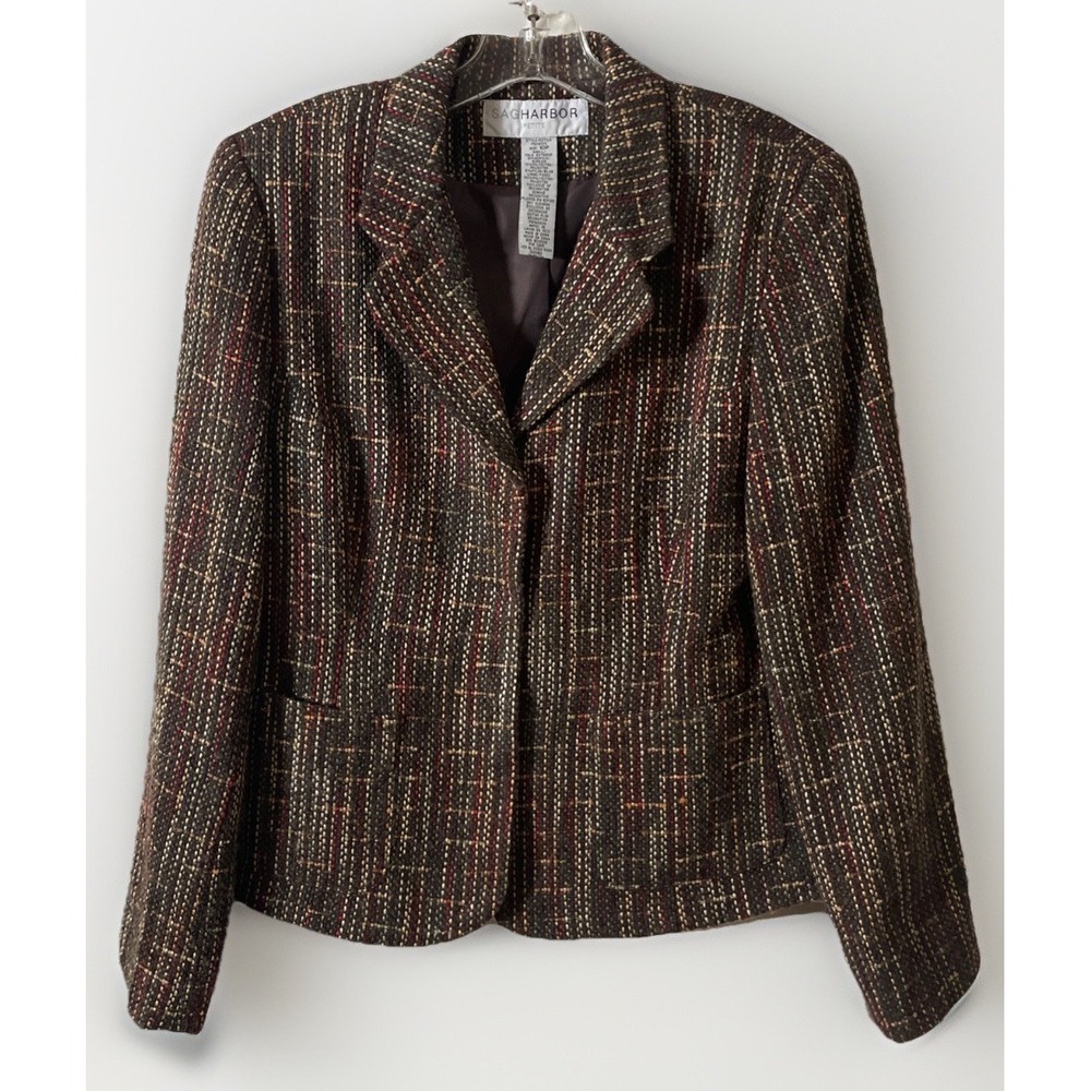 Sag Harbor Yarn Stitch Blazer Jacket Brown Tweed Women's Size 10P Vintage 1980's
